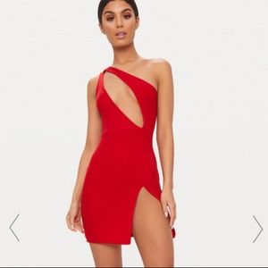 RED ONE SHOULDER EXTREME SPLIT DETAIL BODYCON DRES